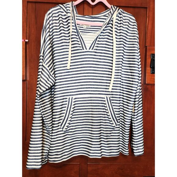 Albion Tops - Albion Sailor Striped Hoodie Navy & Off-White Front Pocket Women's Size XL